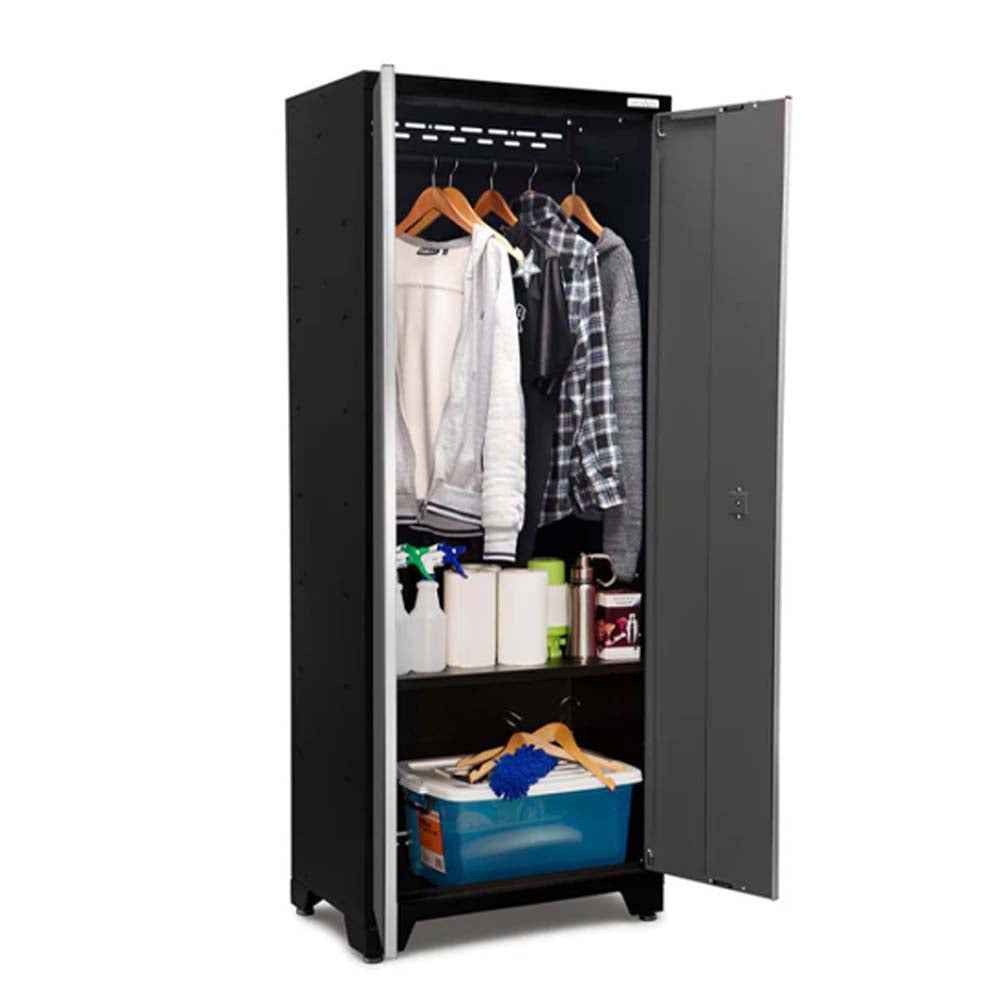 Open Black Locker Cabinet Neatly Organized With Hanging Clothes On A Rod Above And Various Cleaning Supplies And Storage Bins Placed On The Lower Shelves