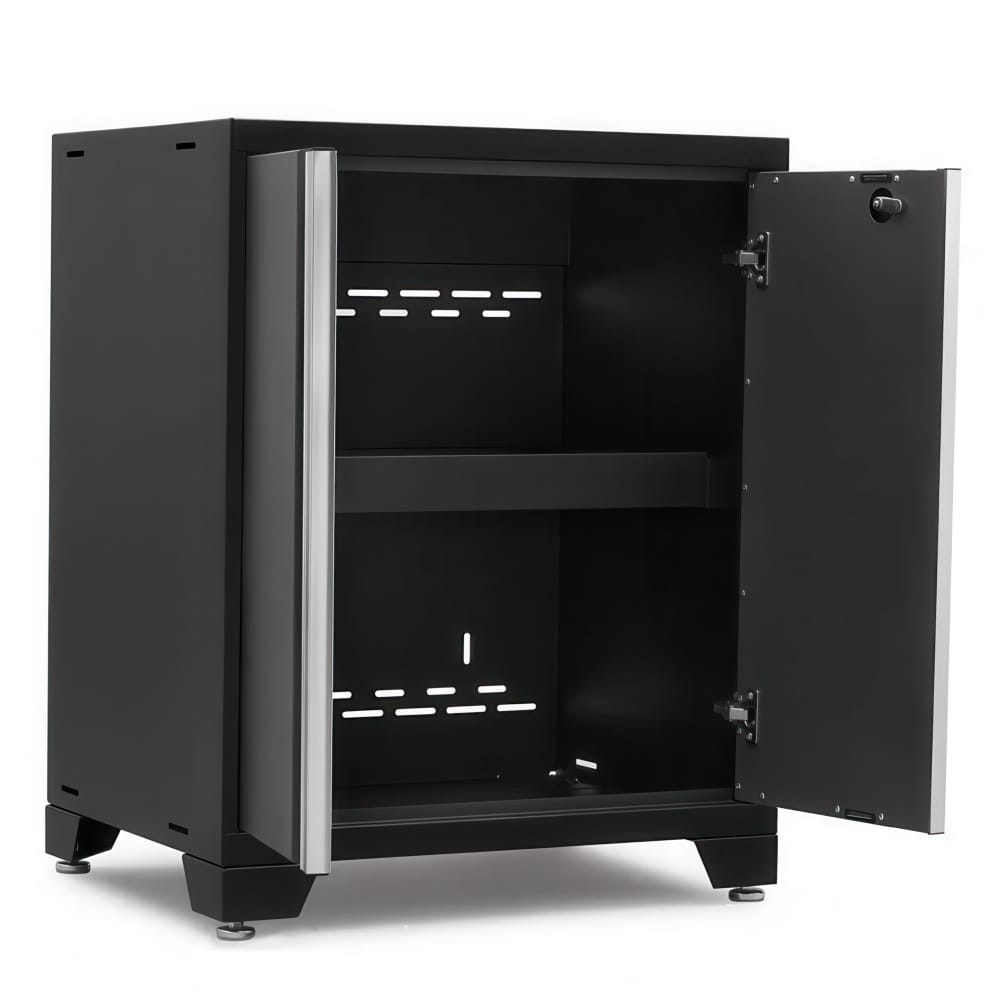 Open Black Metal Base Cabinet With Single Silver Vertical Handle Revealing Vented Back Panel And Center Shelf
