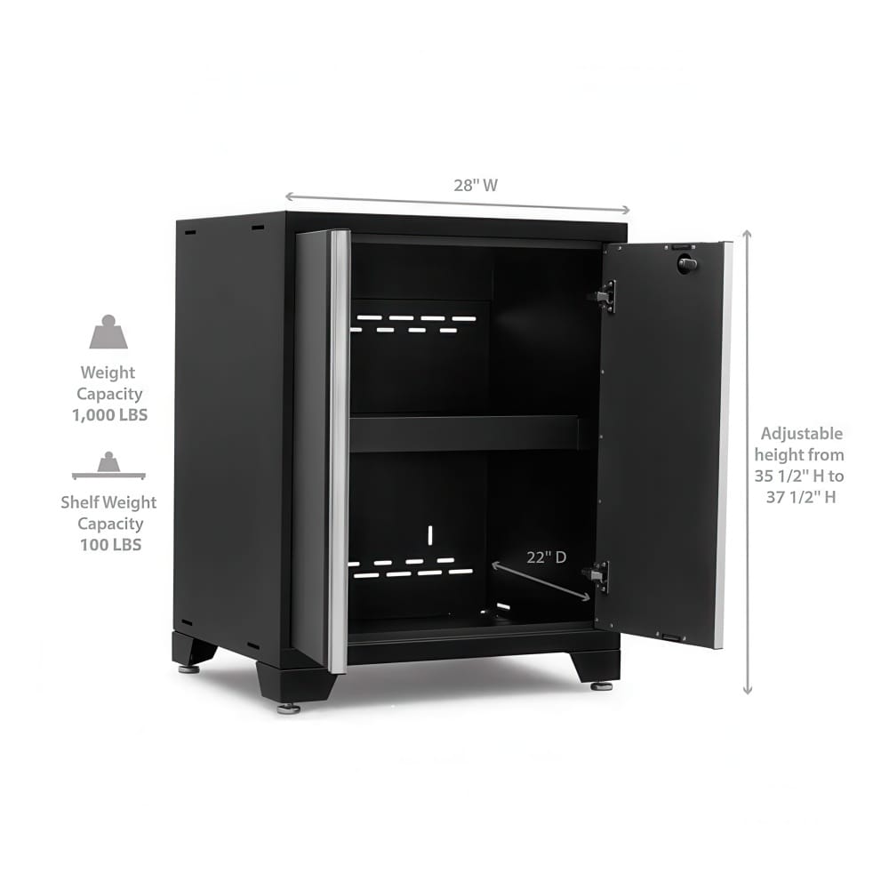 Open Black Two Door Base Cabinet With Adjustable Shelf Is Shown With Dimensions