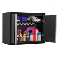 Open Black Wall Cabinet Shows Two Shelves Packed With Spray Cans Bottles A Purple Hose And Small Storage Bins