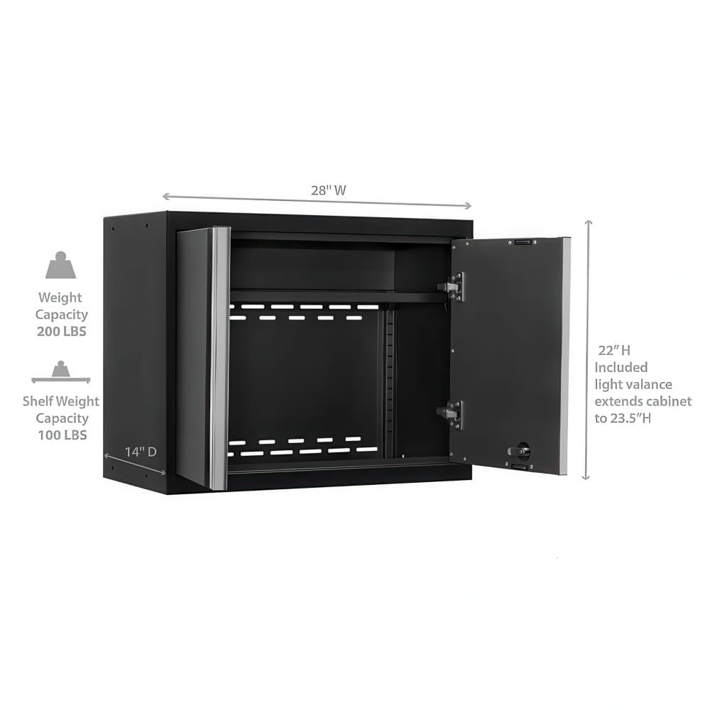 Open Black Wall Cabinet With Adjustable Shelf Is Displayed With Dimensions