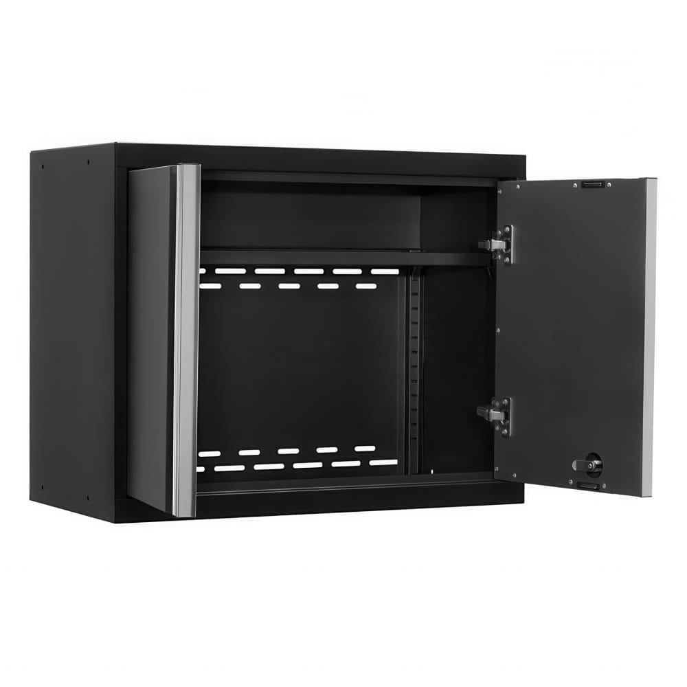 Open Black Wall Cabinet With Vented Back Panel And Adjustable Shelf Revealed Behind A Single Swung Door