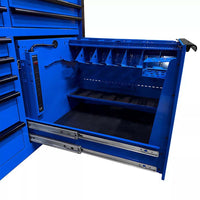 Open Blue Tool Cabinet Drawer Featuring A Built-In Power Strip Tool Docking Station With Vertical Dividers And Dedicated Slots For Organized Tool Storage