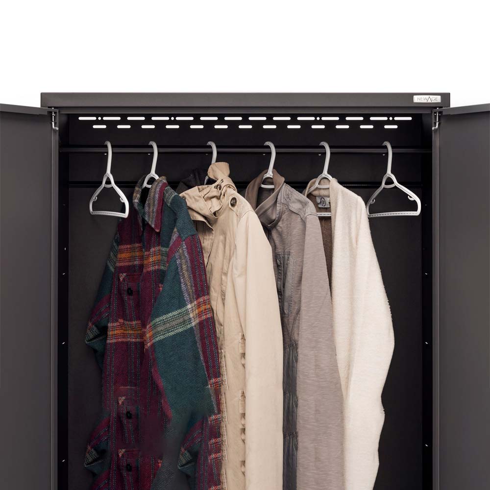 Open Bold 3.0 Series Garage Cabinet Set 6 Piece With Project Center With Five Hangers Holding Various Clothing Items