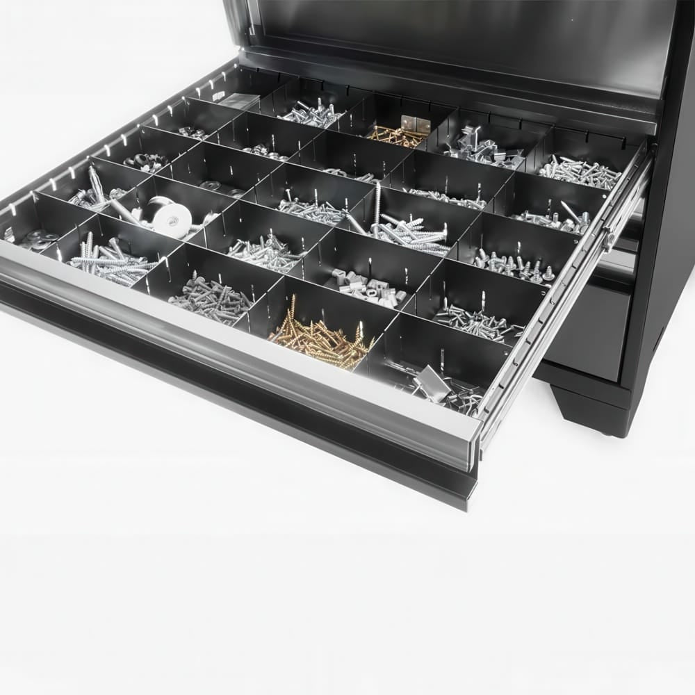 Open Drawer With Grid Dividers Organizing Screws Nuts Bolts And Small Hardware In A Black Tool Cabinet