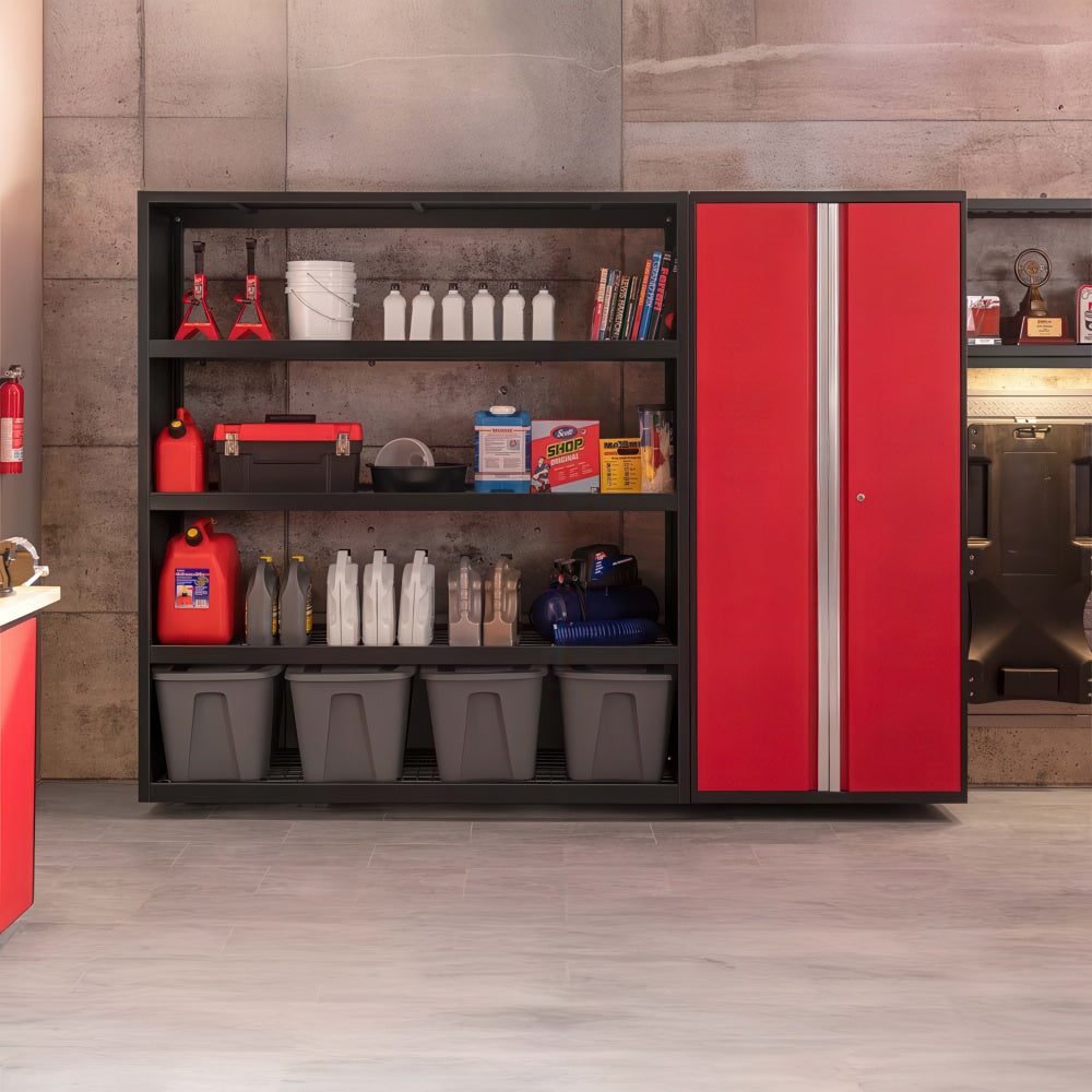 Open Garage Shelving Unit With Gray Bins Fuel Containers And Tools Beside A Tall Red Storage Cabinet