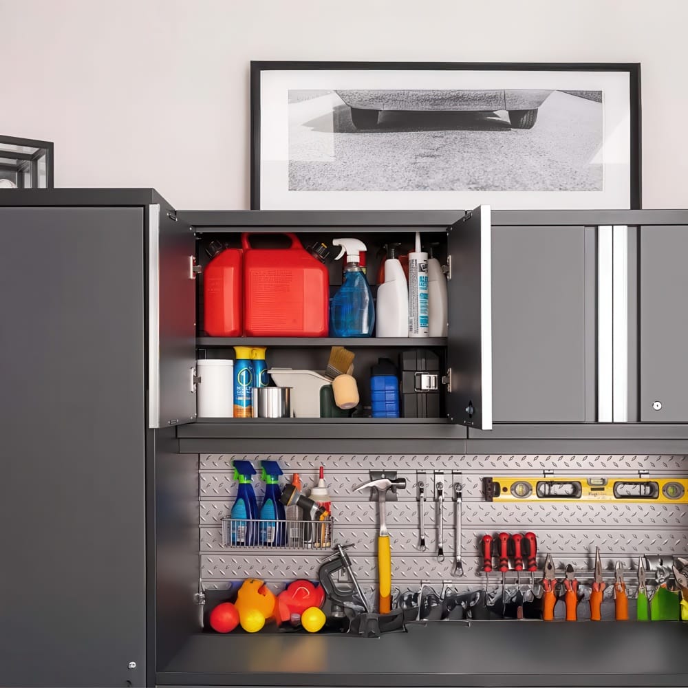 Open Garage Wall Cabinet Filled With Cleaning Supplies Above A Diamond Plate Backboard