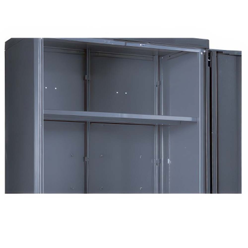 Open Gray Metal Storage Cabinet With A Single Interior Shelf Reinforced Back Panels And Right Side Door