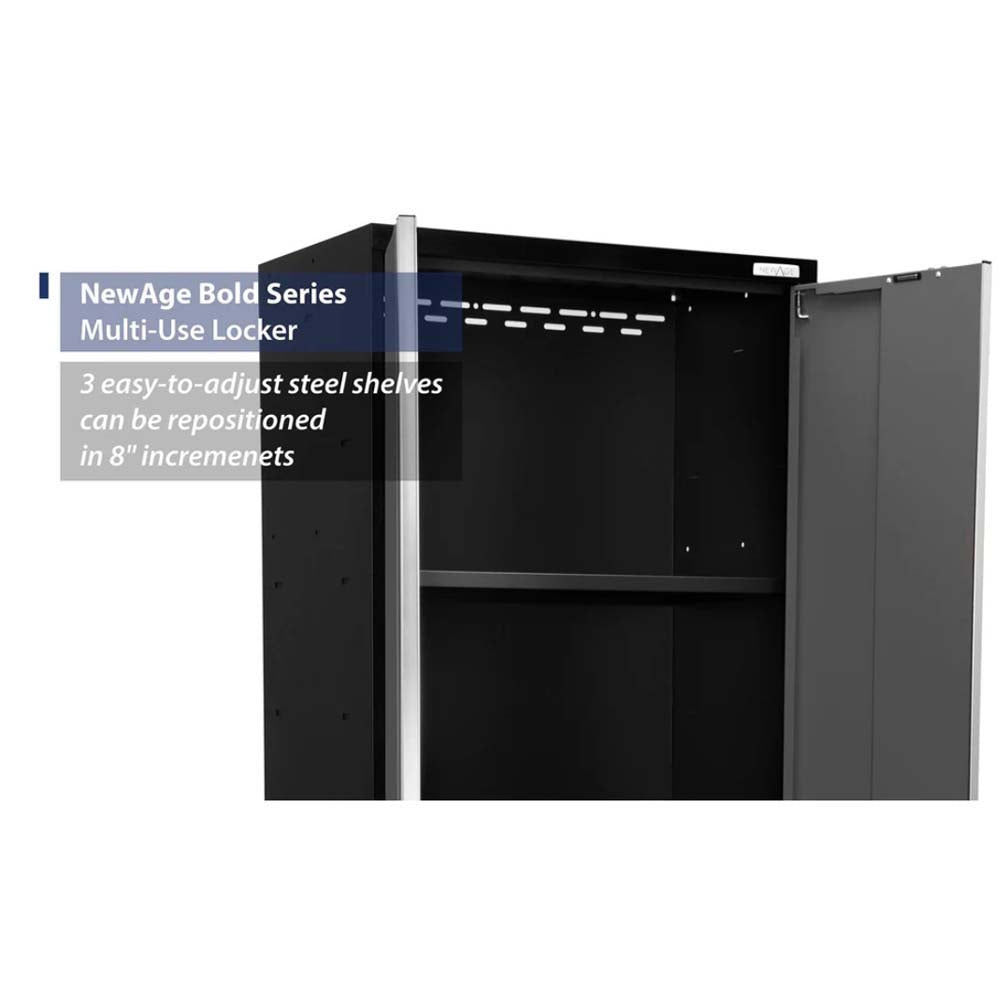 Open Locker Cabinet With Adjustable Interior Steel Shelves And Vented Panels Near The Top
