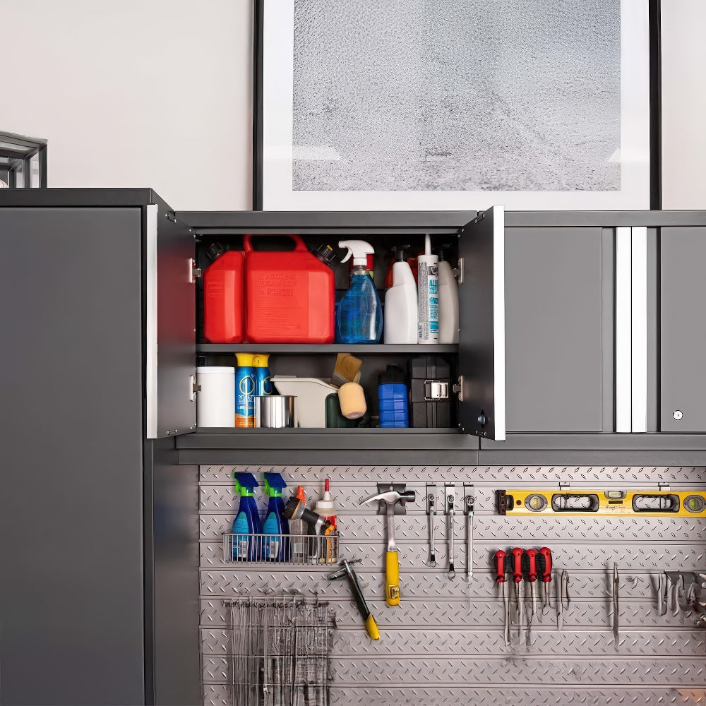 Open Overhead Garage Cabinet Reveals Various Cleaning Supplies And Fuel Containers