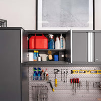 Open Overhead Garage Cabinet Reveals Various Cleaning Supplies And Fuel Containers