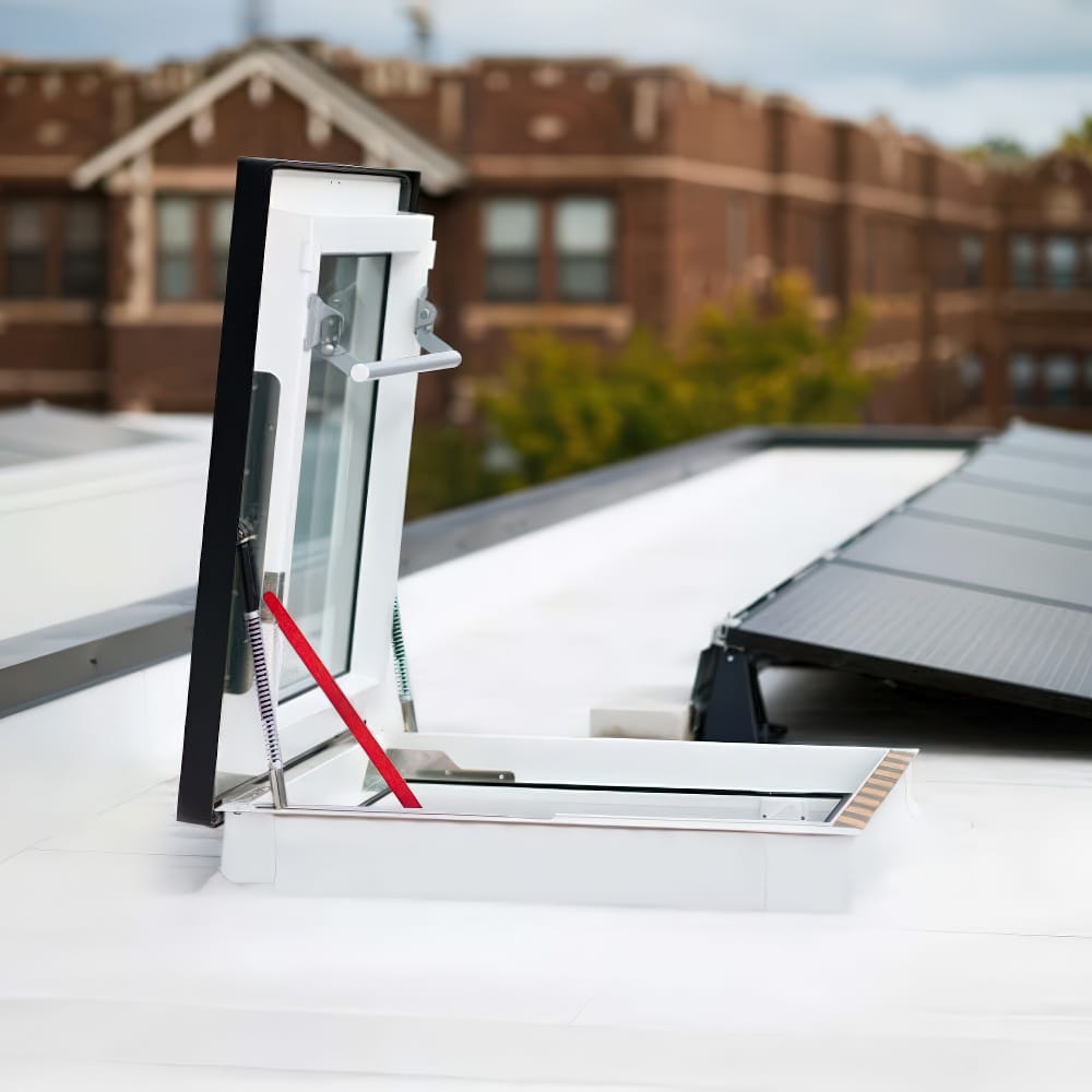 Open Rooftop Hatch With Glass Window Beside Solar Panels