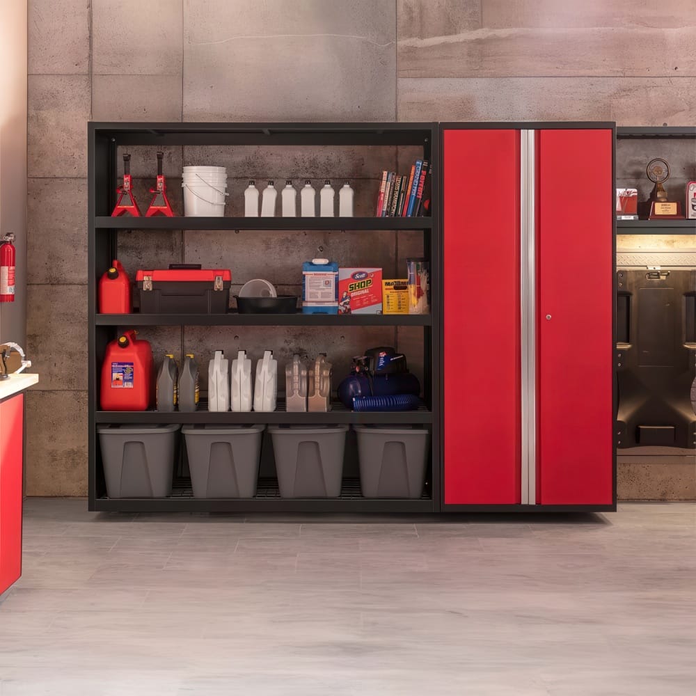 Open Shelving And Red Tall Cabinet Organize Automotive Fluids Tools And Storage Bins Along A Concrete Garage Wall