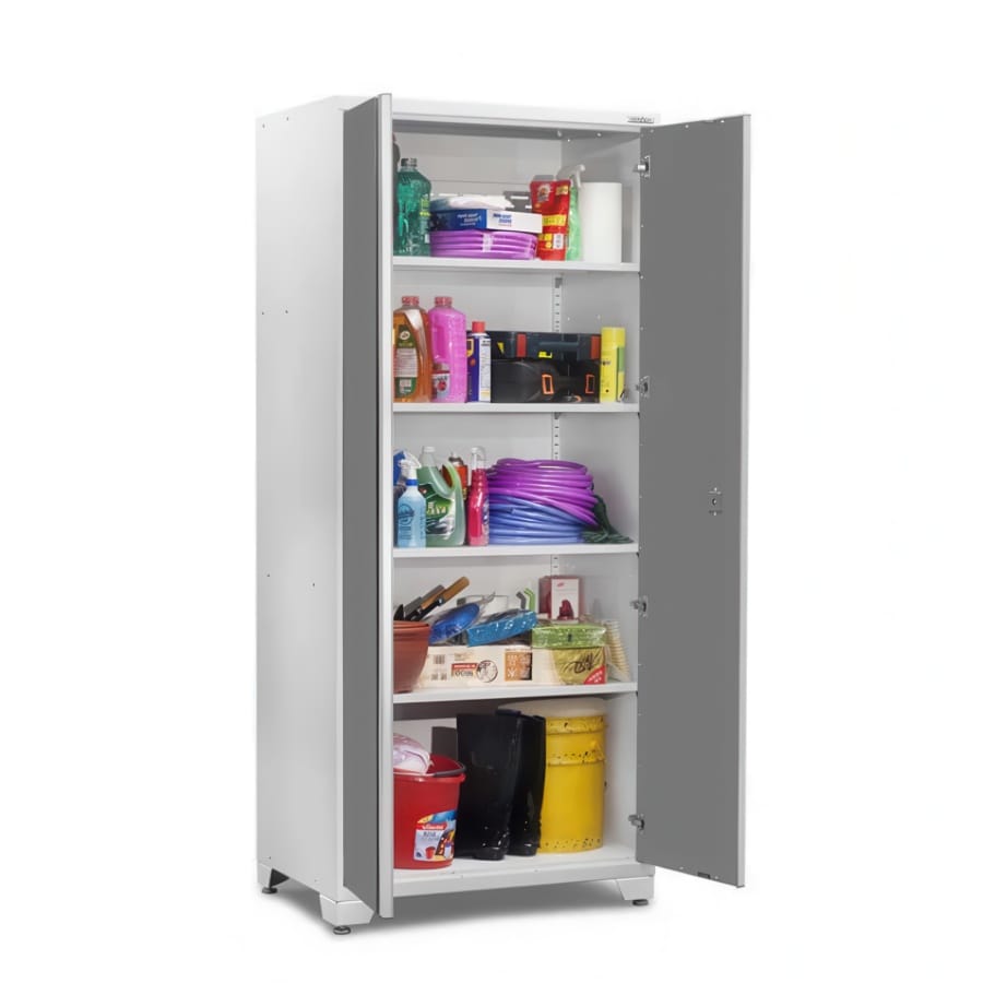 Open Tall Garage Cabinet With Five Adjustable Shelves Stocked With Cleaners Hose Tools And Boots