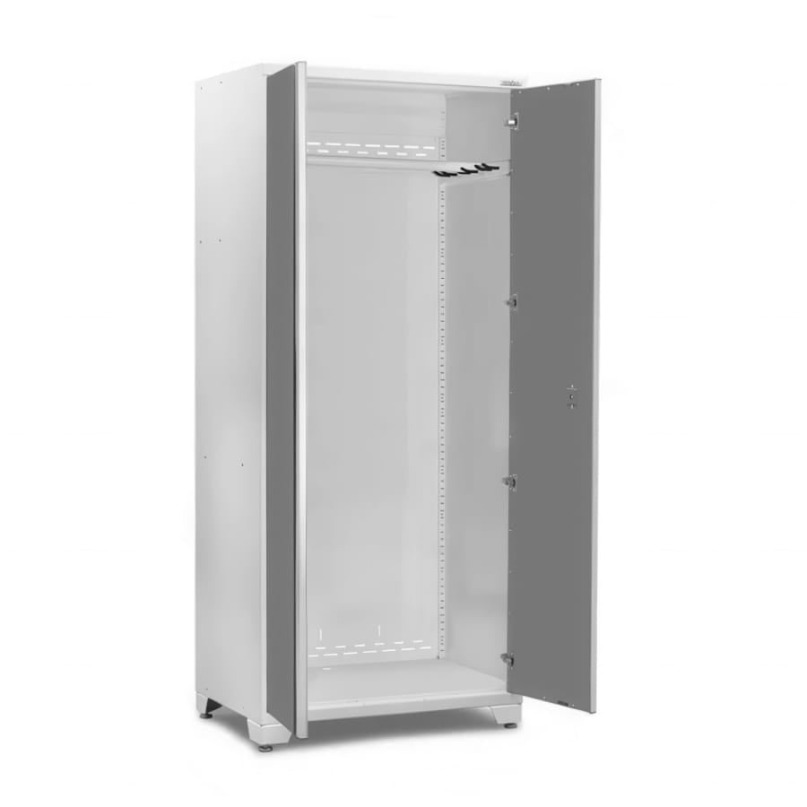 Open Tall Metal Garage Cabinet With White Frame Gray Door And A Single Hanging Rod And Hooks Inside