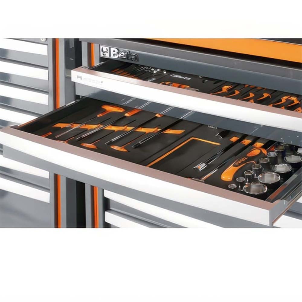 Open Tool Drawer Showcasing Foam Organized Hand Tools And Precision Measuring Accessories