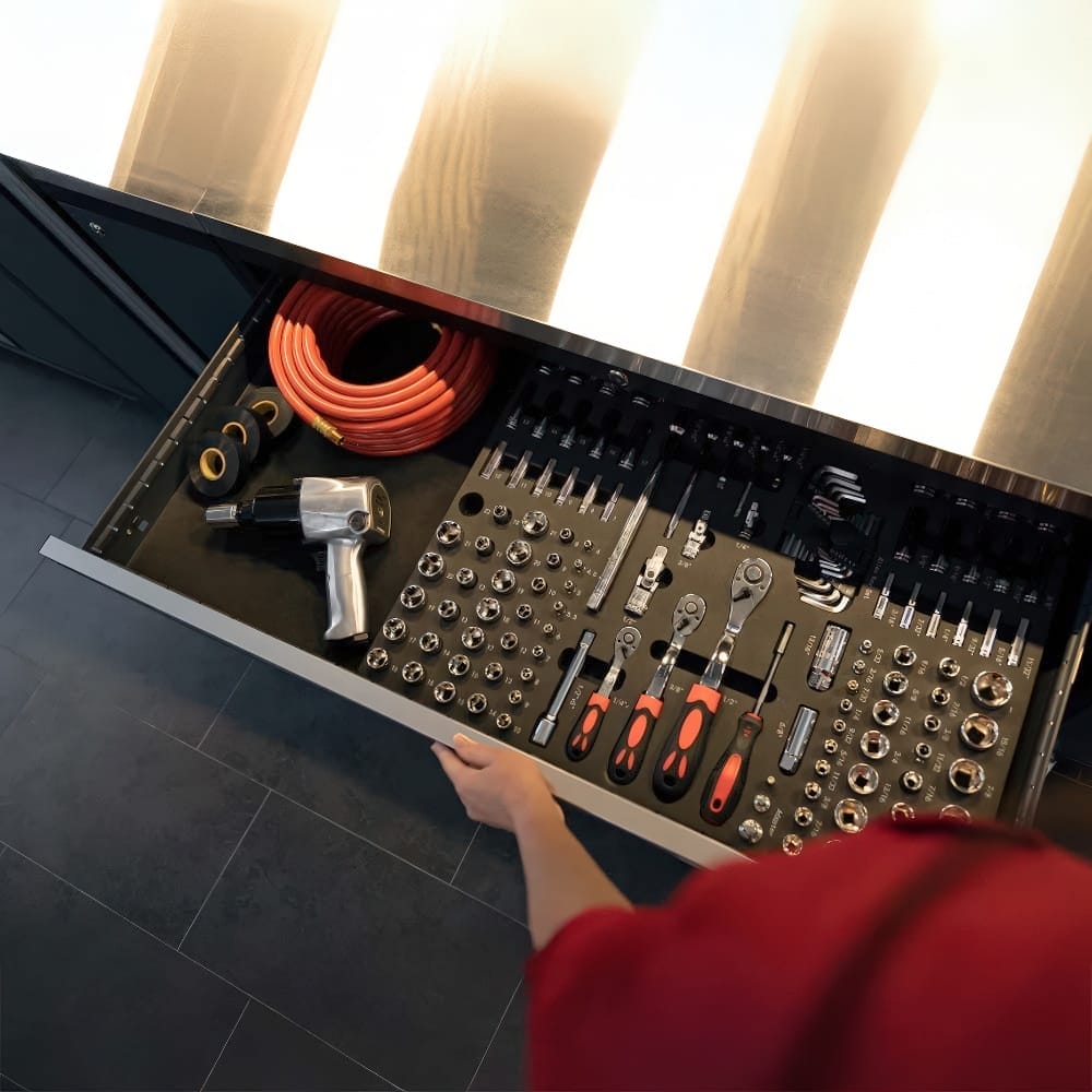 Open Tool Drawer With Organized Sockets Ratchets Screwdrivers Air Hose And Pneumatic Wrench