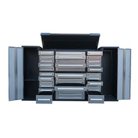 Open Top Tool Cabinet With Two Side Storage Compartments And Multiple Silver Drawers