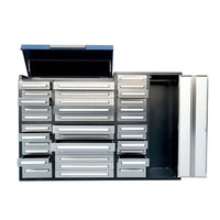 Open Top Tool Chest With Multiple Silver Drawers And A Right Side Cabinet Door Open