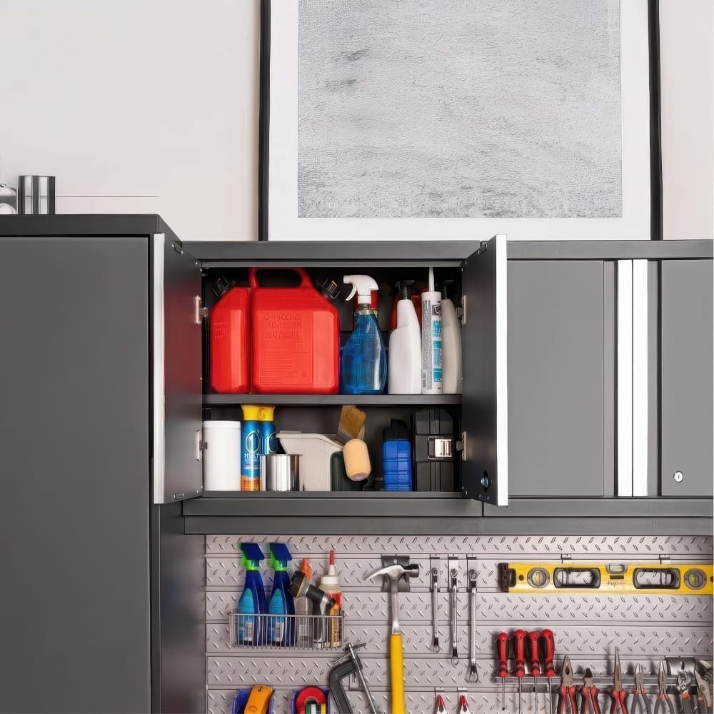 Open Wall Cabinet Above A Pegboard Displays Red Gas Cans Cleaners And Tools In An Organized Garage Workspace