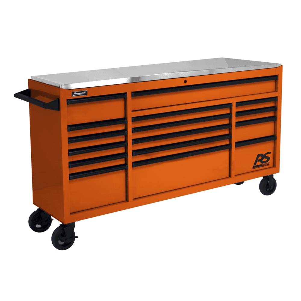 Orange 16-Drawer Homak 72 Roller Cabinet, A Stainless Steel Top Surface, And Caster Wheels