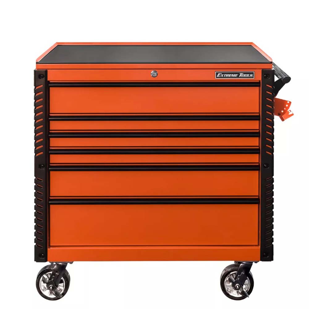 Orange 41-Inch Tool Cart With 6 Drawers With Multiple Drawers Black Accents And Wheels