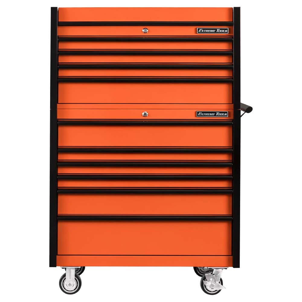 Orange And Black Extreme Tools Rolling Tool Cabinet With Multiple Closed Drawers And Caster Wheels At The Bottom