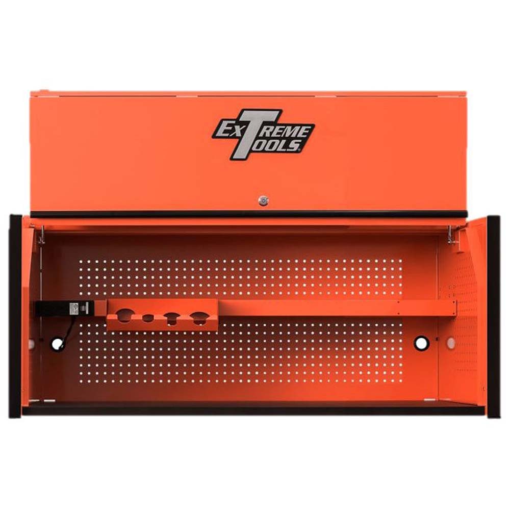 Orange Extreme Tools 55 Inch Tool Box Hutch With An Open Upper Compartment Featuring A Pegboard Back Panel And A Power Strip On The Left Side