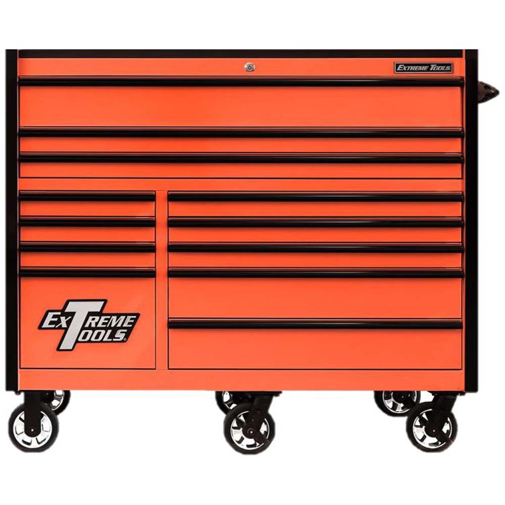 Orange Extreme Tools 55 RX Series 12 Drawer With Multiple Black Handled Drawers And Mounted On Caster Wheels