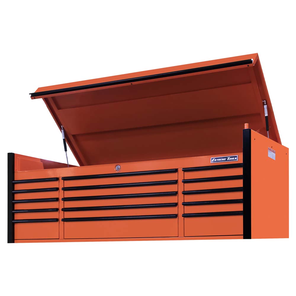 Orange Extreme Tools 72 Inch 15 Drawer Triple Bank Top Chest With Black Handles