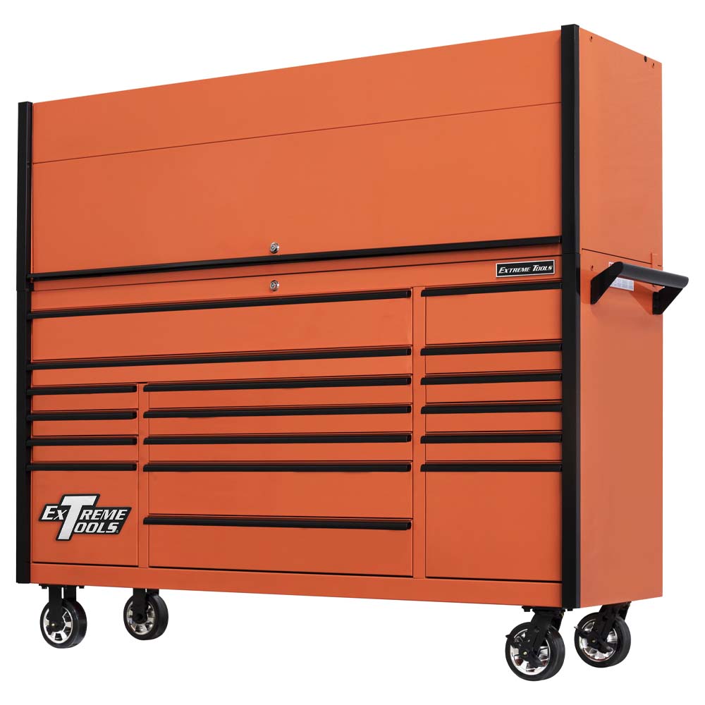 Orange Extreme Tools Cabinet With A Closed Top Section Uniform Black-Trimed Drawers A Sturdy Side Handle And Smooth Caster Wheels