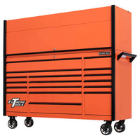 Orange Extreme Tools Cabinet With A Closed Top Section Uniform Black-Trimed Drawers A Sturdy Side Handle And Smooth Caster Wheels