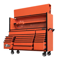 Orange Extreme Tools Cabinet With An Open Top Hutch Pegboard Backing And Multiple Drawers Partially Extended