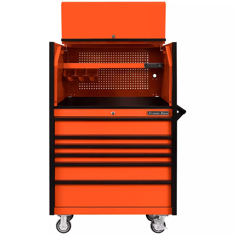 Orange Extreme Tools DX Series 41 Roller Cabinet With Multiple Drawers An Open Top Section With A Pegboard Back, A Shelf, And A Side Handle
