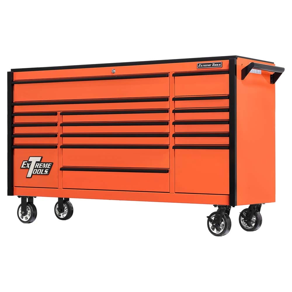 Orange Extreme Tools Heavy Duty Roller Cabinet With Multiple Drawers And Black Trim