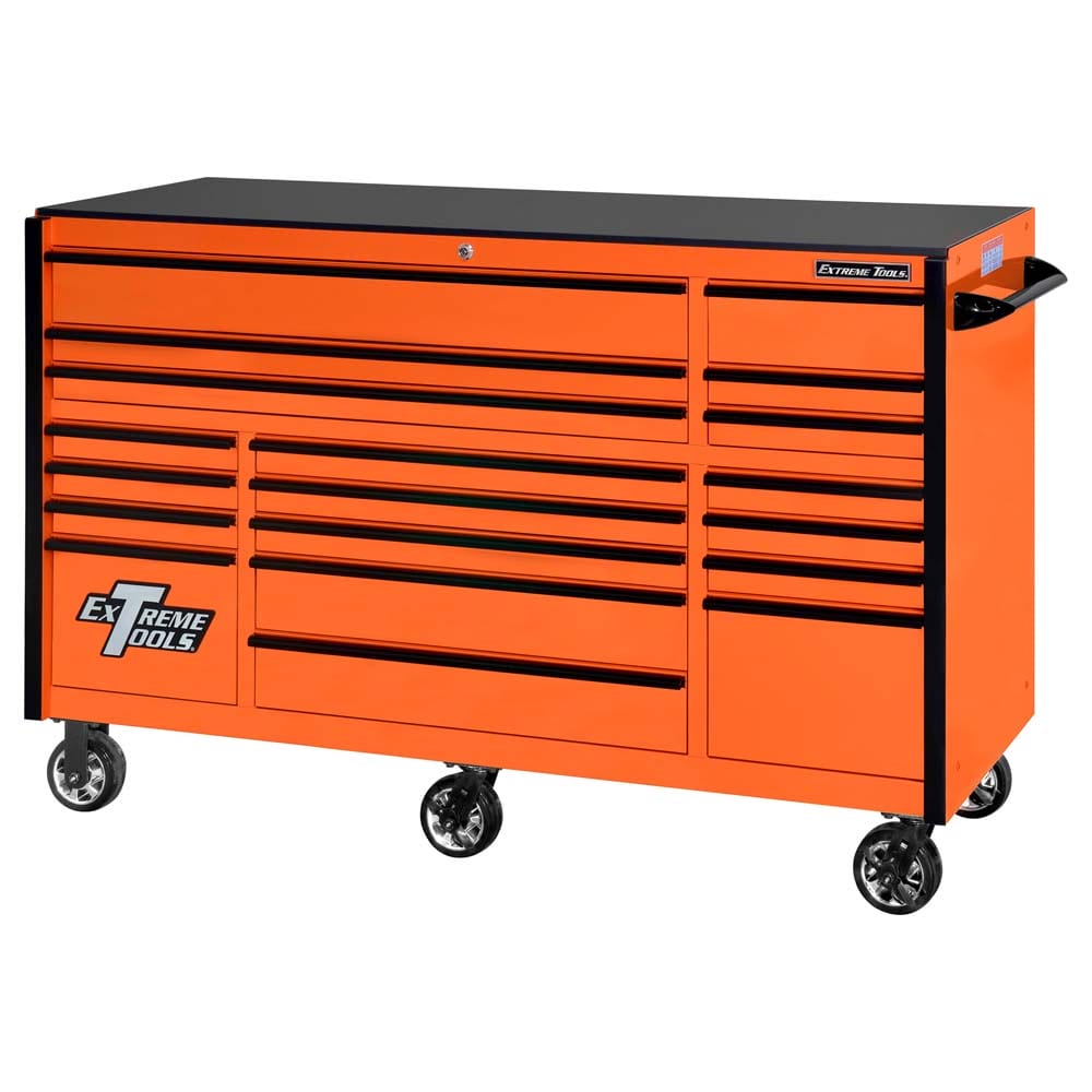 Orange Extreme Tools RX 72 Roller Cabinet With Matching Orange Drawer Handles And Wheels Featuring The Extreme Tools Logo On The Front