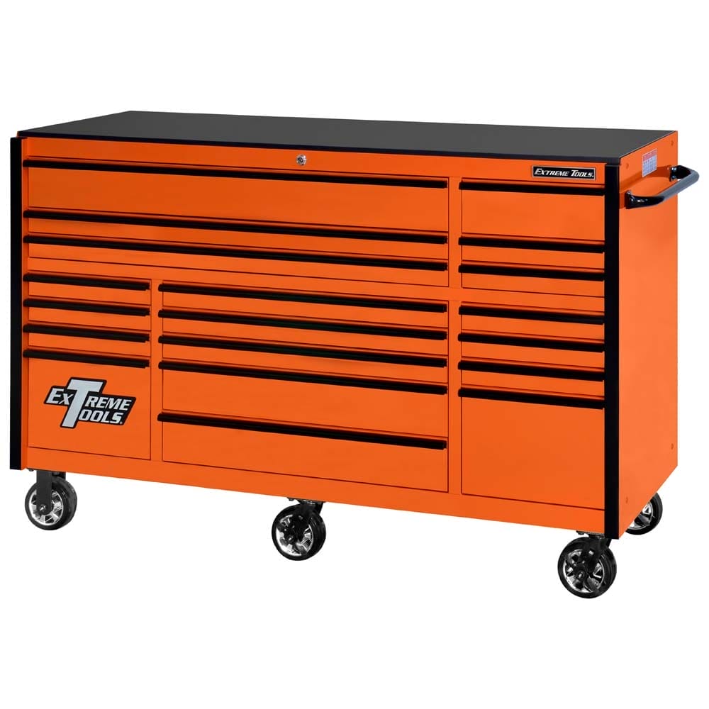 Orange Extreme Tools Roller Cabinet Tool Box With Multiple Drawers Of Various Sizes