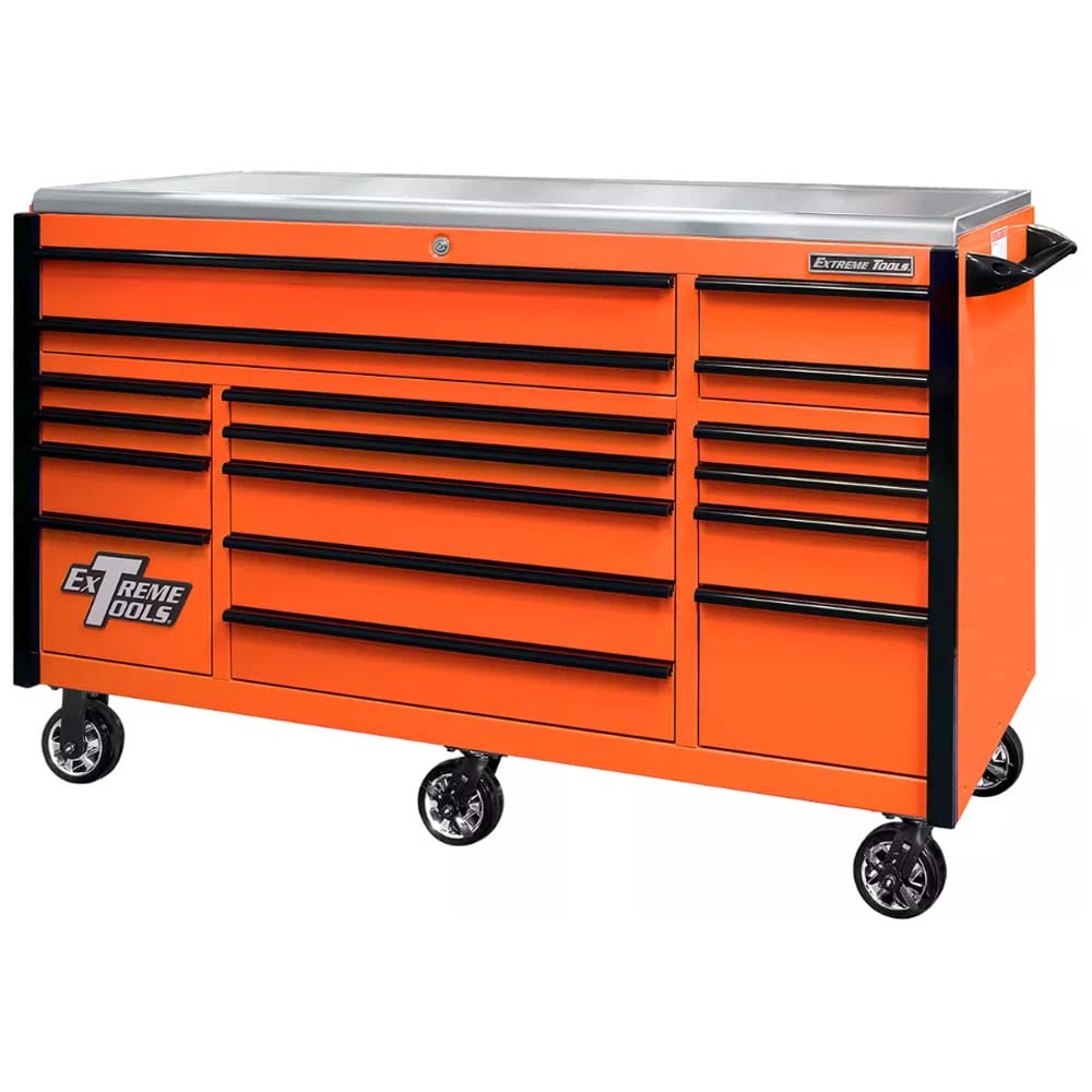 Orange Extreme Tools Roller Tool Cabinet With Multiple Black Drawers And A Stainless Steel Top Equipped With Casters For Mobility