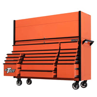 Orange Extreme Tools Rolling Cabinet With A Closed Top Section And Multiple Drawers Extended