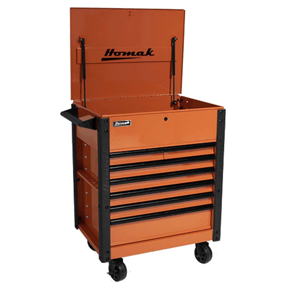 Orange Homak 35 Pro Series Service Cart With Multiple Drawers and A Top Compartment Mounted On Wheels