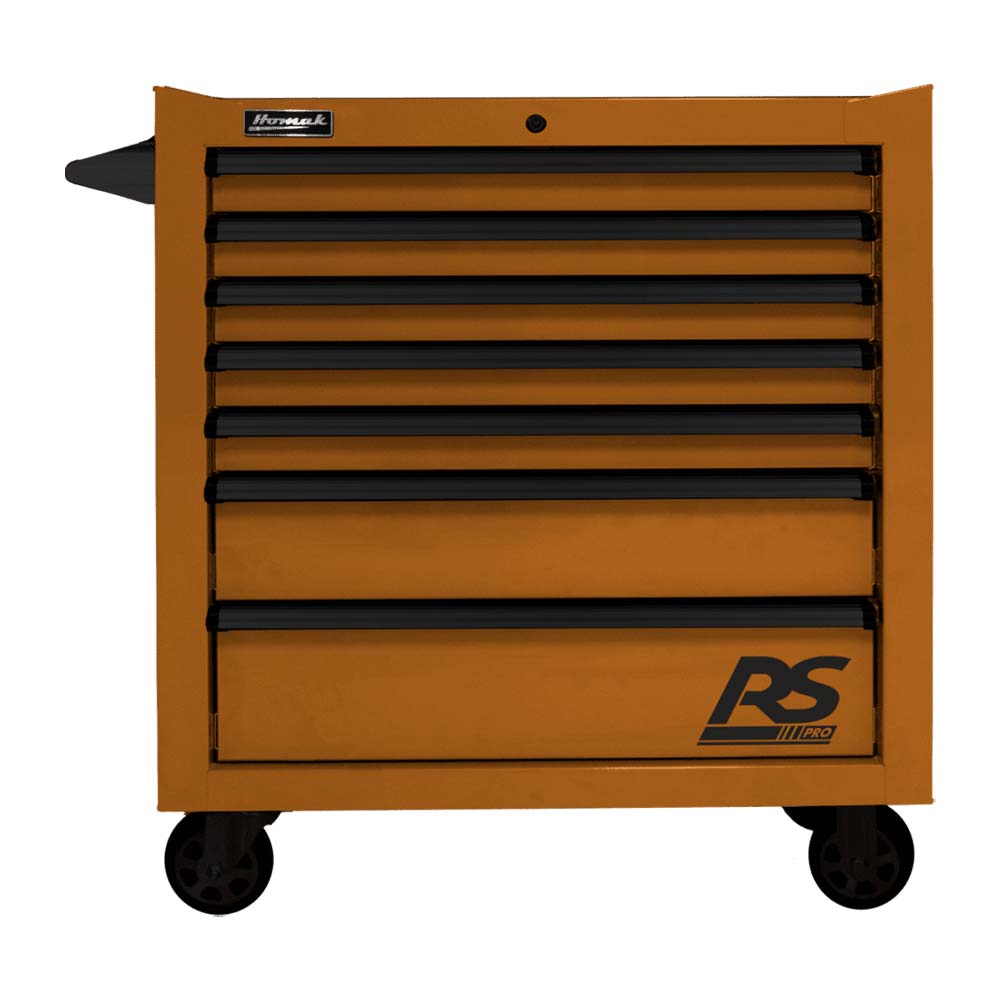 Orange Homak 36 7-Drawer Roller Cabinet With Black Handles And Mounted On Wheels