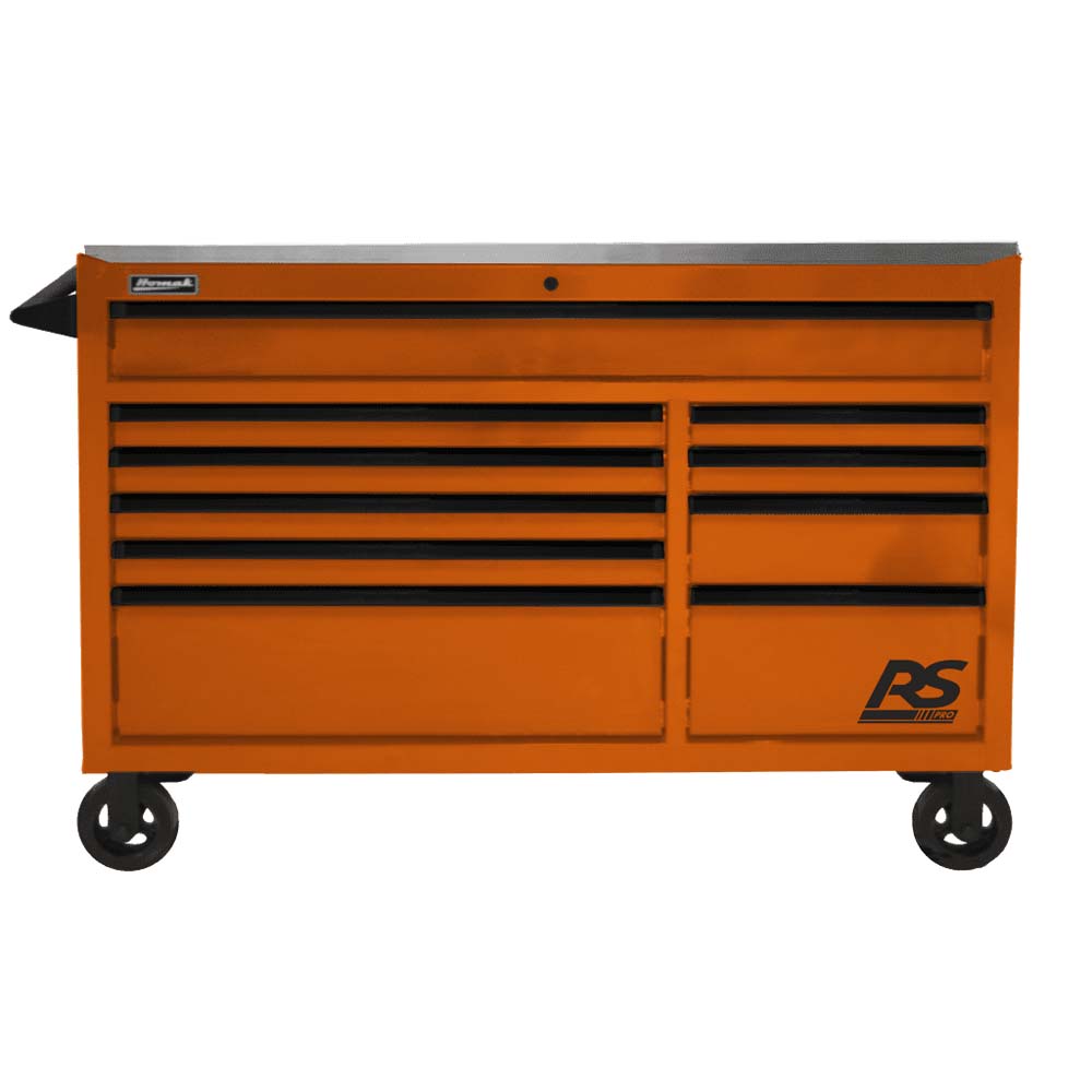 Orange Homak 54 10 Drawer RS Pro Rolling Cabinet With Multiple Drawers And A Stainless Steel Worktop Surface
