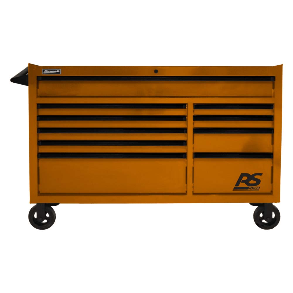 Orange Homak 54 Roller Cabinet With Multiple Drawers And Black Trim Featuring The RS Logo On The Bottom Right Cabinet Door