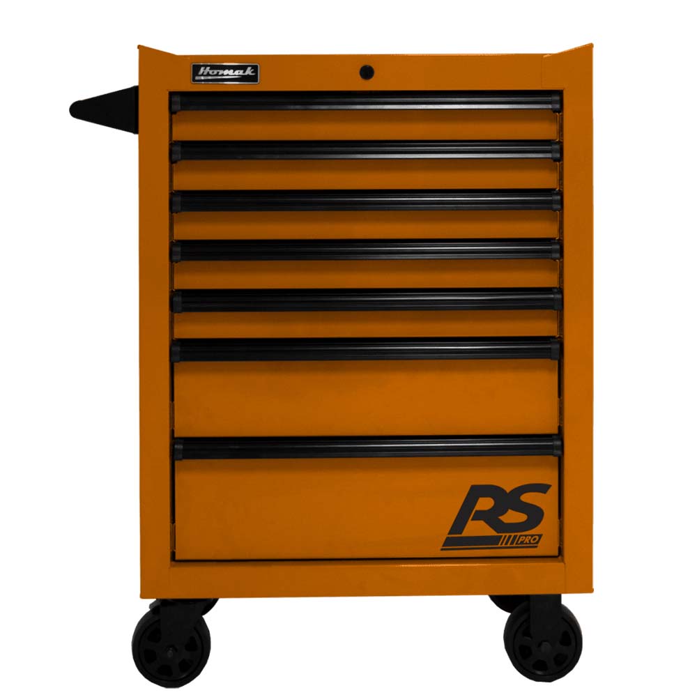 Orange Roller Cabinet Homak 27 With Multiple Drawers And The RS Pro Logo On The Bottom Drawer
