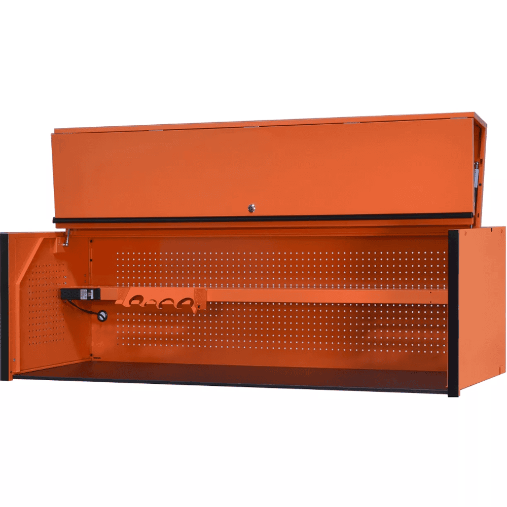 Orange Tool Box Hutch 72 By Extreme Tools With Black Accents And A Pegboard Back Panel Featuring An Open Lid And A Built In Tool Organizer
