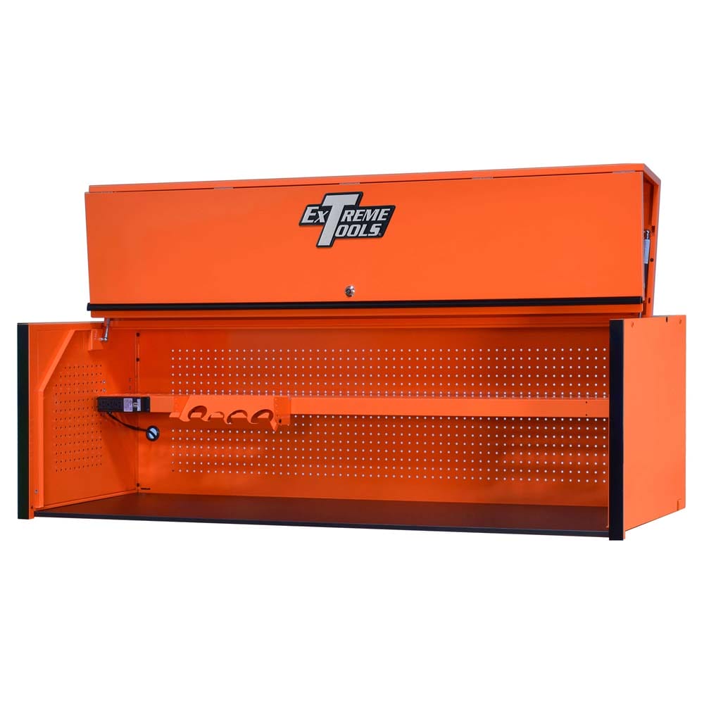 Orange Top Tool Box Hutch 72 With Black Accents And A Pegboard Back Panel