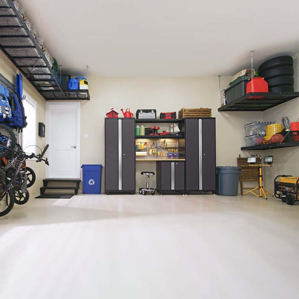 Organized Garage Features 3 Piece Bold 3.0 Series Wall Cabinet Set With 48 Integrated Display Shelf