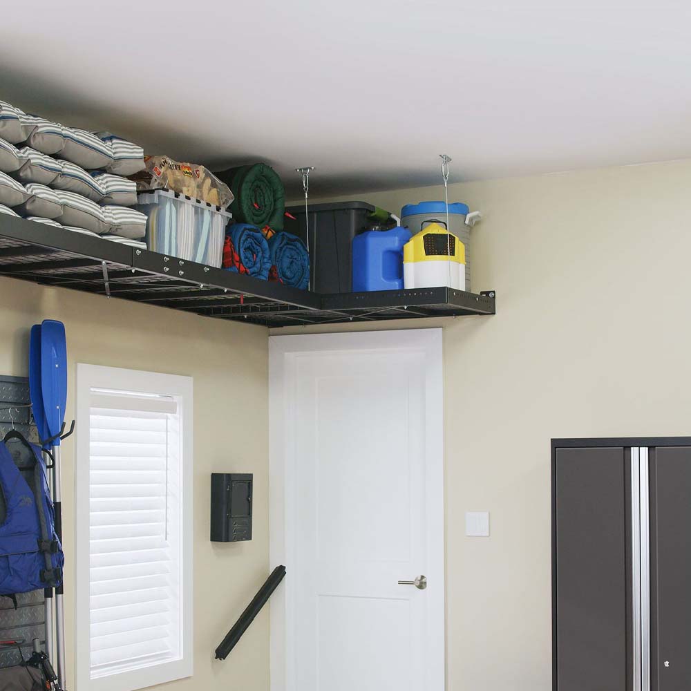 Organized Garage Featuring A Suspended Overhead Storage Rack And NewAge 3 Piece Bold 3.0 Wall Set With Display Shelf