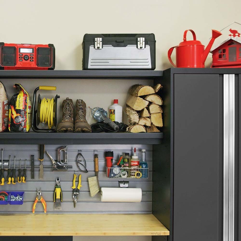 Organized Garage Featuring Multiple Shelves And NewAge 3 Piece Bold 3.0 Series Wall Cabinet Set With 48 Integrated Display Shelf
