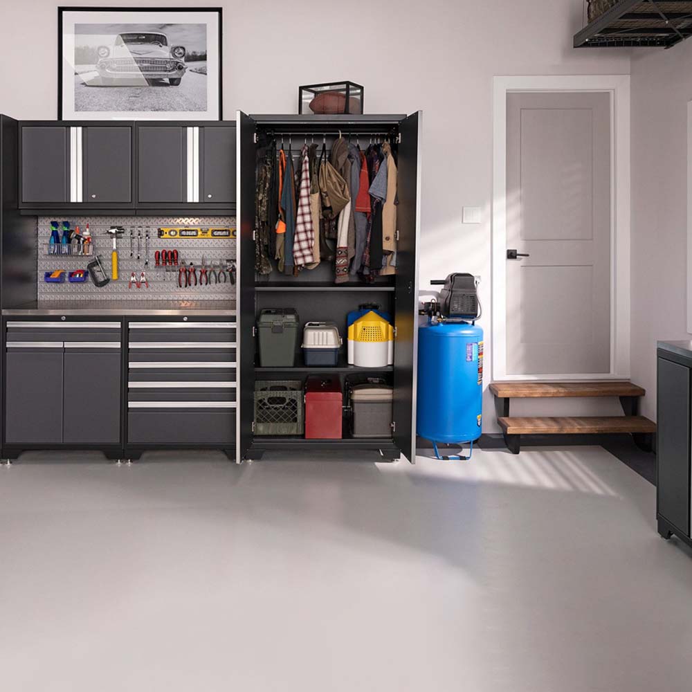 Organized Garage Space Featuring Garage Cabinet Corner Set Pro 3.0 16 Piece With Pegboard Storage For Various Tools